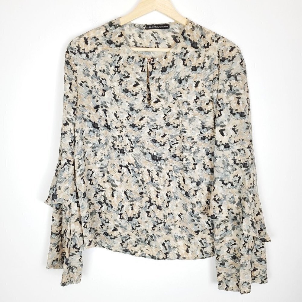 Harlowe & Graham XS Blouse Watercolor Keyhole Camo‎ pink Black bell sleeve